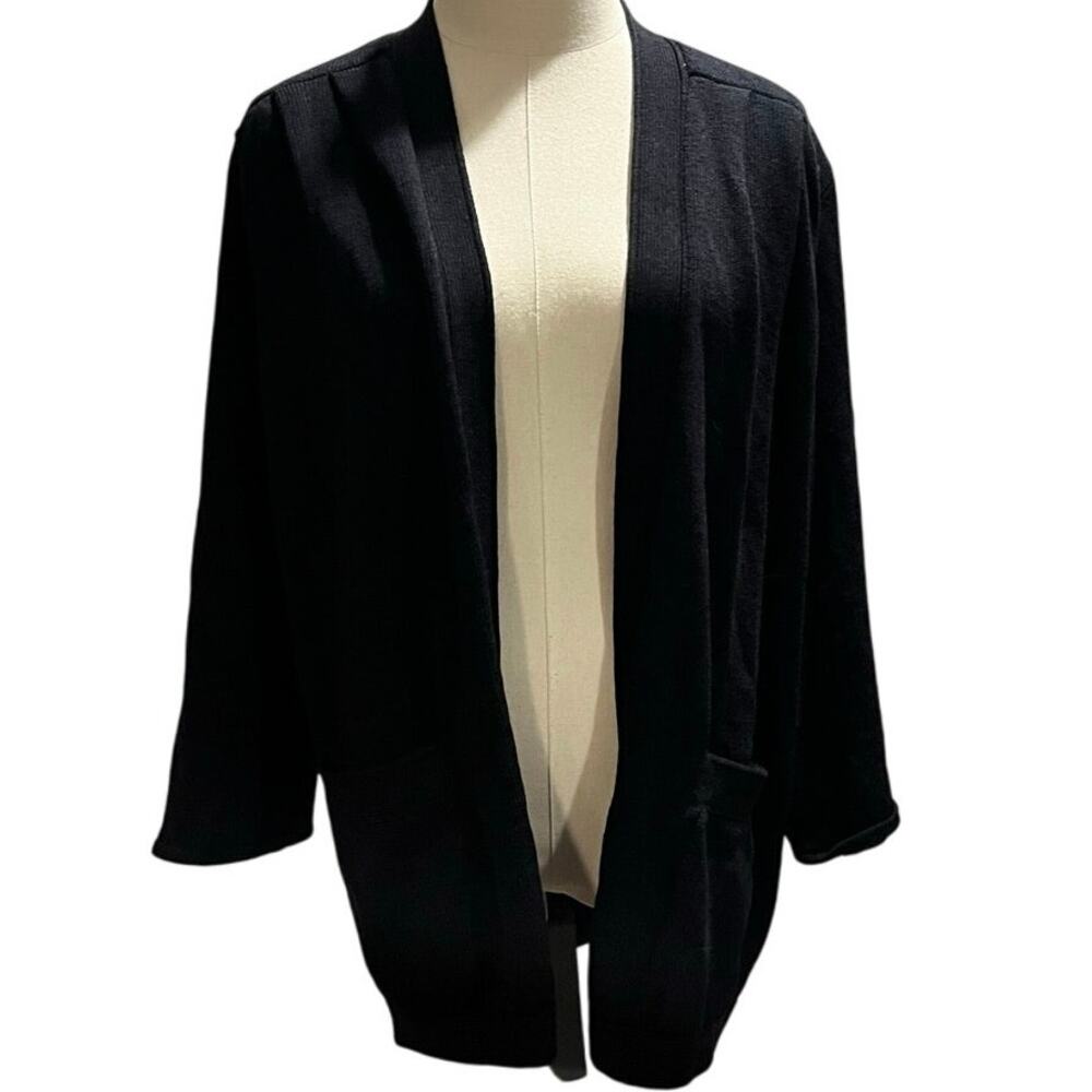 St. John Black Knit Open Front‎ Pockets Pleated Sweater Cardigan Size LG/12